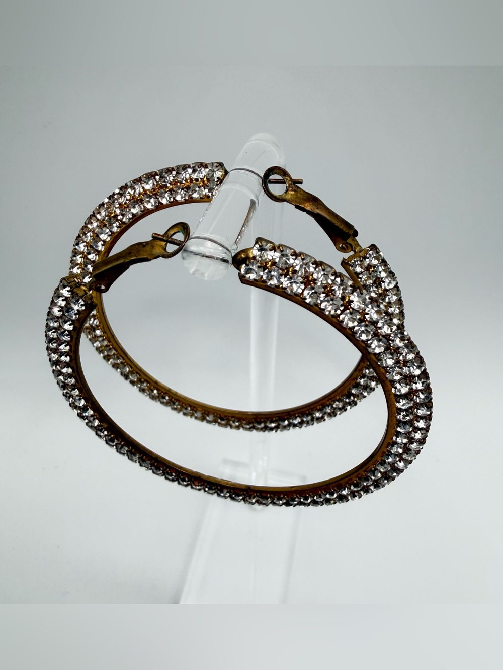 Large Rhinestone Hoop Earrings Gold Tone Clear Crystal Statement 2.5" Glam